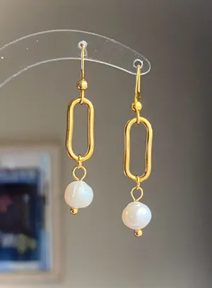 Handmade gold tone stainless steel natural shell pearls chic fairy boho vintage style dangle earrings💖 thumbnail 3