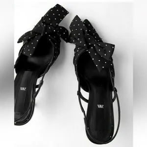 Zara Black & White Polka Dot Kitten Heel Sling back Shoes(Size 39) thumbnail 2