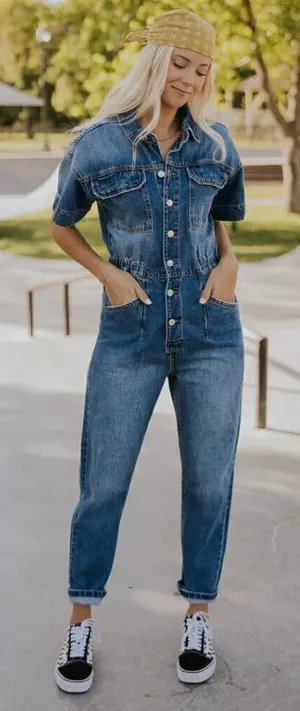 FREE PEOPLE Marci Denim Jumpsuit in Wash Sapphire Blue Size Large thumbnail 1