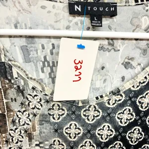 N Touch Patchwork Print Tunic Womens Size L Brown Grey 3/4‎ Sleeve Knit Top thumbnail 3