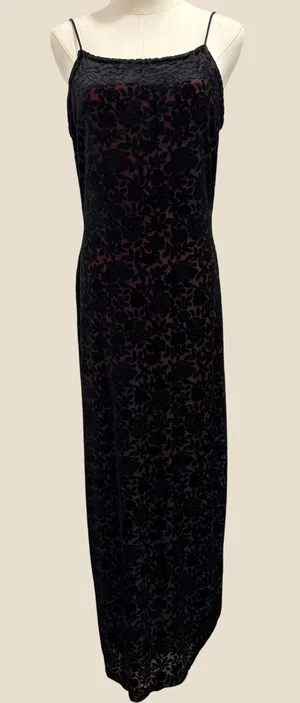 VTG 90s Roberta Black Red‎ Burnout Velvet Rose Maxi Dress Large Vampy Whimsigoth thumbnail 1