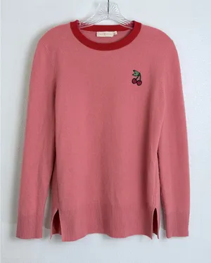Tory Burch Pink Red Cherry Embroidered Crewneck Knit Sweater M thumbnail 1