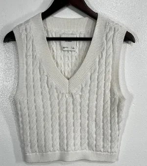 Abercrombie & Fitch Cable Knit Sweater Vest Women's Large White V-Neck Preppy thumbnail 1