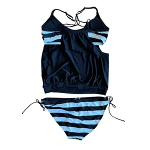 XL Black and White Striped‎ 2 Piece Tankini Swimsuit Set Tie Side Bottoms thumbnail 5