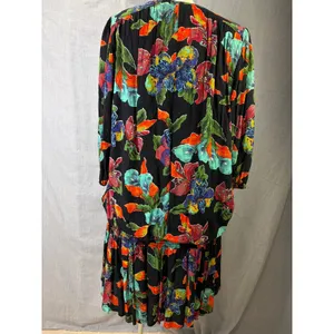 Vintage Sharon Anthony Black Floral Drop Waist Dress Made‎ in USA 16W 80s thumbnail 7