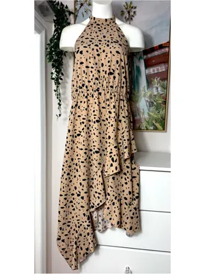 Shein Beige Black Cheetah Print Halter Ruffle Asymmetric Dress XL 12 Stretch thumbnail 3