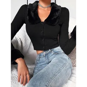 Black Faux Fur Trim Sleeves & Collar Button Up Crop Y2K 90s Style Sweater thumbnail 2