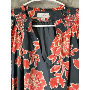 Evereve Navy Coral Floral 100% Cotton Puff Sleeve Belted Tiered Mini Dress M thumbnail 2