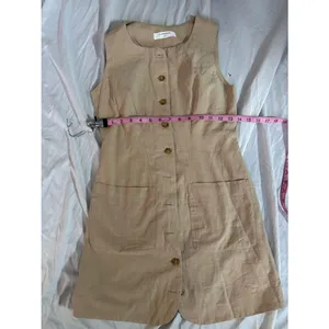 Sleeveless Button-Front Linen Blend Mini Dress in Beige thumbnail 5
