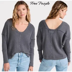 Free People We The Free New Magic Thermal‎ Top Gray XS Waffle Knit Pullover Boho thumbnail 2