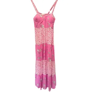 No Comment Cottagecore Floral Bustier‎ Maxi Dress Smocked Tiered Pink White Women's Large thumbnail 2