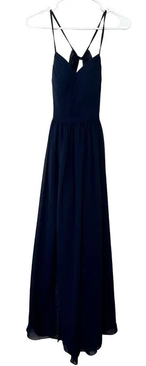 Azazie navy‎ blue long sleeved formal dress prom v-neck spaghetti straps size S thumbnail 1