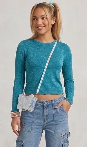 Susan Bristol Y2K Vintage Shimmer Top Sparkle Knit Medium Long Sleeve Stretch Teal Blue Bratz thumbnail 1