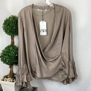 Zara Brown Taupe Long Bell Sleeve Drape Wrap Blouse Top NEW XL thumbnail 2