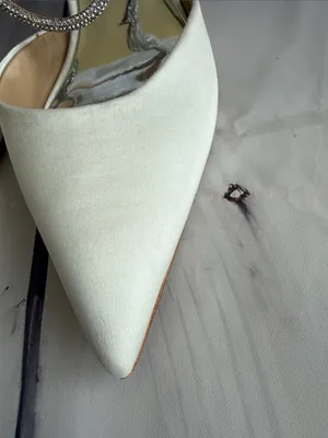 Badgley Mischka Ivory Pointed Toe Slingback Heels with Rhinestone Ankle Straps thumbnail 3