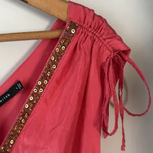 The Limited 100% Silk Coral Pink + Gold Beaded Layered Ruffle Blouson Tank Top thumbnail 6