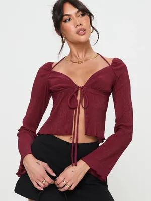 Princess Polly Burgundy Chantria Tie-Front Long Sleeve Crop Top thumbnail 1