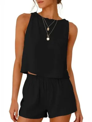NWT Women Linen 2 Piece Outfit Black Crop Tank Top and Shorts Set Size L thumbnail 1