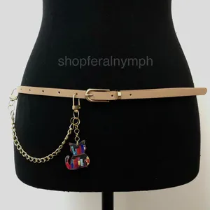 Tan Y2K Bookworm Cat Charm Skinny Chain Belt, Fits 33.5-35 Inches, X7GA1243 thumbnail 1