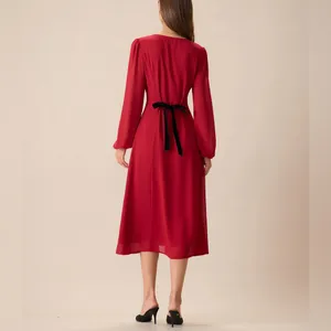 Rihoas Women's Red V-Neck Puff Sleeve Slit Midi Dress thumbnail 4