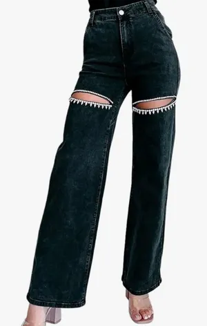 NWT cotton poly blend size small dark charcoal jeans with rhinestone flair. thumbnail 1