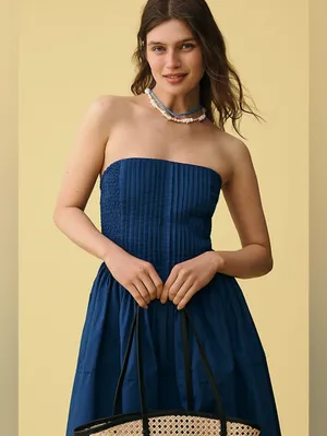 By Anthropologie Cotton Poplin Strapless Midi Dress Blue thumbnail 3