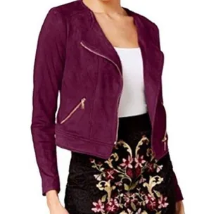 Thalia Sodi Faux Suede Moto-Jacket In Napa Wine Medium thumbnail 1