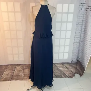 ASOS Navy Chiffon Ruffle Waist Halter Sleeveless Lined Maxi Dress Size 10 thumbnail 8