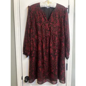BeachLunchLounge XL Red Black Print Ruffle Long Sleeve Lined Chiffon Shift Dress thumbnail 13