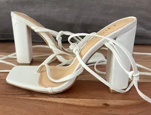 5.5 Pumps White strappy block high heels modern square toe wrap-around Sandals thumbnail 1
