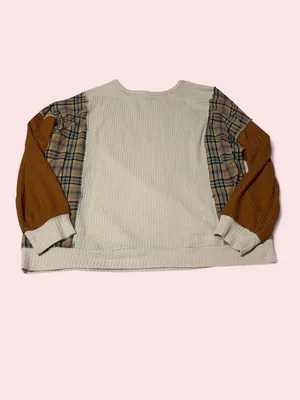 ANDREE BY UNIT Cream Knit & Brown Plaid Sleeve Sweatshirt thumbnail 2
