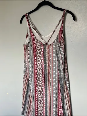 Pink Rose Striped Boho V-Neck Spaghetti Strap Dress - Red, Brown, Gray thumbnail 5