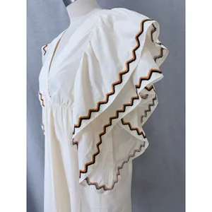 La Lavon Mini Dress Cream Embroidered Flutter‎ Sleeve Empire Waist Large L thumbnail 7