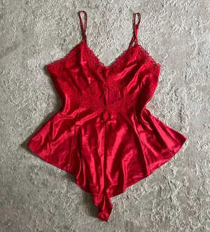 NWOT Victoria’s Secret satin red spaghetti strap lace trim cut out teddy romper thumbnail 2