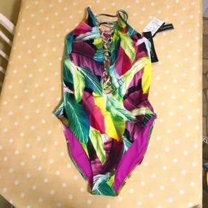 NEW La Blanca Tropic of Day Tummy Control Multi colored Leaf Print Swimsuit 10 thumbnail 4