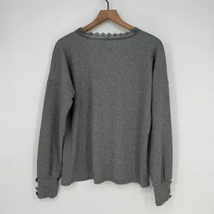Gray Ribbed Long Sleeve Lace Trim V-Neck Button Cuff Casual‎ Top Women's L thumbnail 6