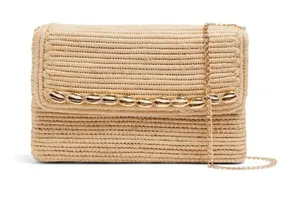 Poolside Gold Chain Women's Clutch Beige Seashell Raffia Crossbody thumbnail 1