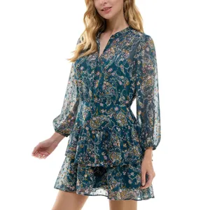 NWT City Studios Juniors Tiered Chiffon Fit & Flare Dress Teal Blue / Rust XL thumbnail 3