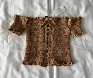 Camel Brown Off-Shoulder Lace-Up Crop Top thumbnail 1