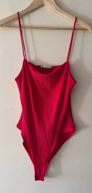 Zara Hot Pink Ribbed Bodysuit‎ Spaghetti Straps thumbnail 1