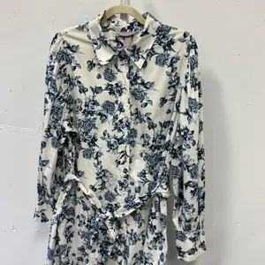 H&M Floral Cotton Shirt Tunic Dress XL Button Down Long Sleeve Belted Blue White thumbnail 4