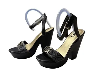 GBG Los Angeles Monogram Wedge Platform Gold‎ Emblem Shoes Blue 7M Heels thumbnail 1