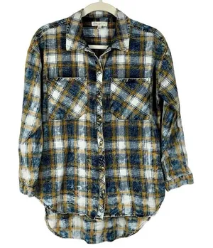 Love Fire Women Long Sleeve Acid Washed Plaid Button Up Small thumbnail 1