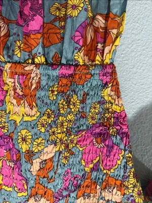 Bright Fushia Floral Print Short Sleeve Smocked Top Tiered Maxi Dress Size L thumbnail 3