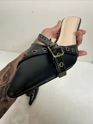 POINTIGO Black Pointed Mule Heels with Buckle Strap Detail thumbnail 6