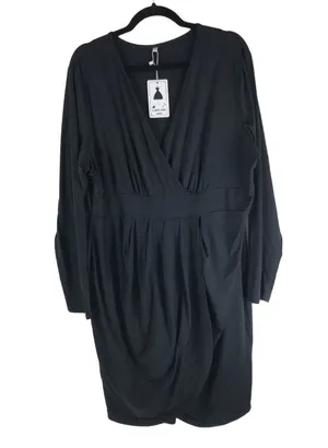 Laolasi Black Long-Sleeve Faux Wrap Dress Pleated V Neck 4XL thumbnail 1