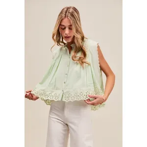 SO ME Button Up Front Pleated Sleeveless Top with Floral Eyelet Lace - Small thumbnail 3