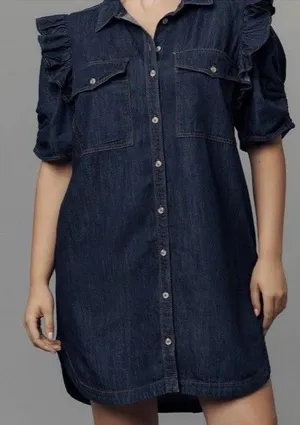 Anthropologie PILCRO RUFFLE-SLEEVE DENIM SHIRT DRESS XXS NEW Preppy Boho Resort thumbnail 1
