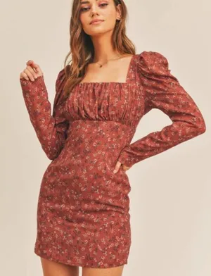 SADIE & SAGE Floral Burgundy Ruched Long Sleeve Bodycon Mini Dress Womens Medium thumbnail 1