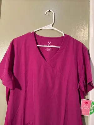 Just Scrubs Womens Sz XL 18-20 Short Sleeve Scrub Top Magenta Pink V-Neck Pocket thumbnail 2
